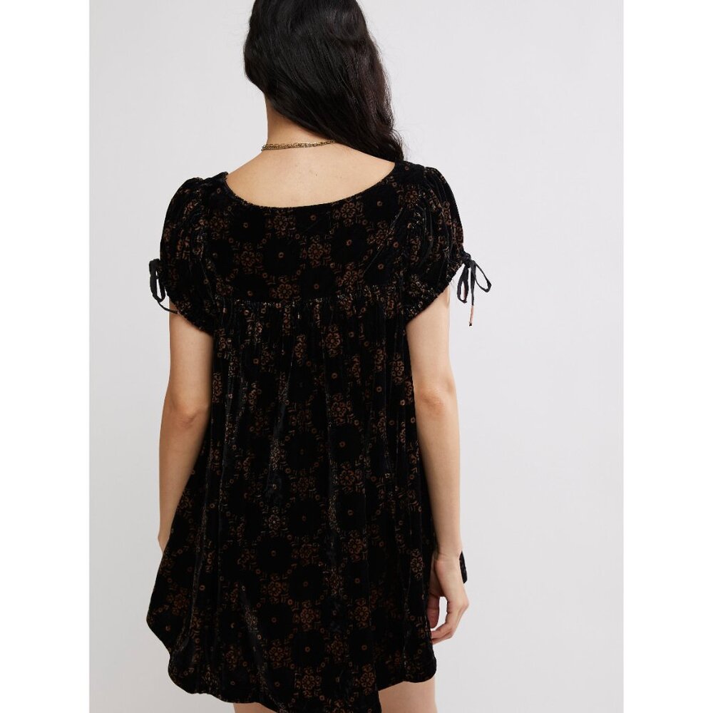 FP Velvet Short Sleeve Square Neck Mini Dress - Black with Metallic Print - Picture 6 of 16